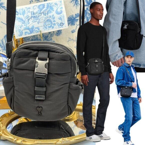 🆕 AMI PARIS 🧿 NWOT Black Ami de Coeur Crossbody Pocket Pouch - Picture 1 of 16